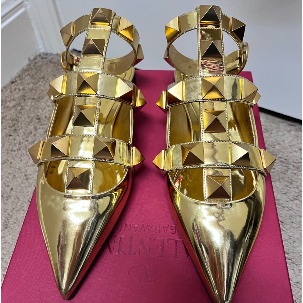Valentino Roman Stud Metallic Ankle-Strap Ballerina Flats